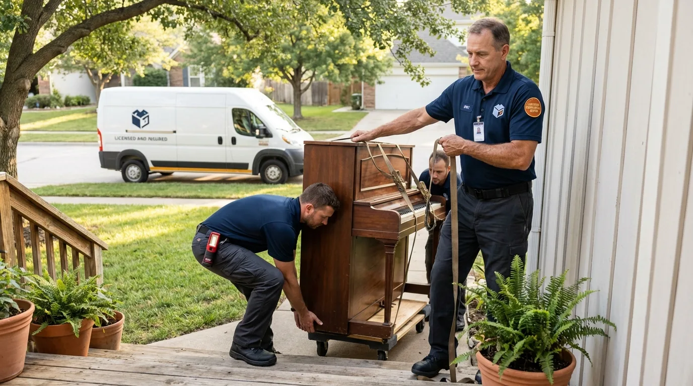 Licensed piano movers securing grand piano in Boiling Springs, NC