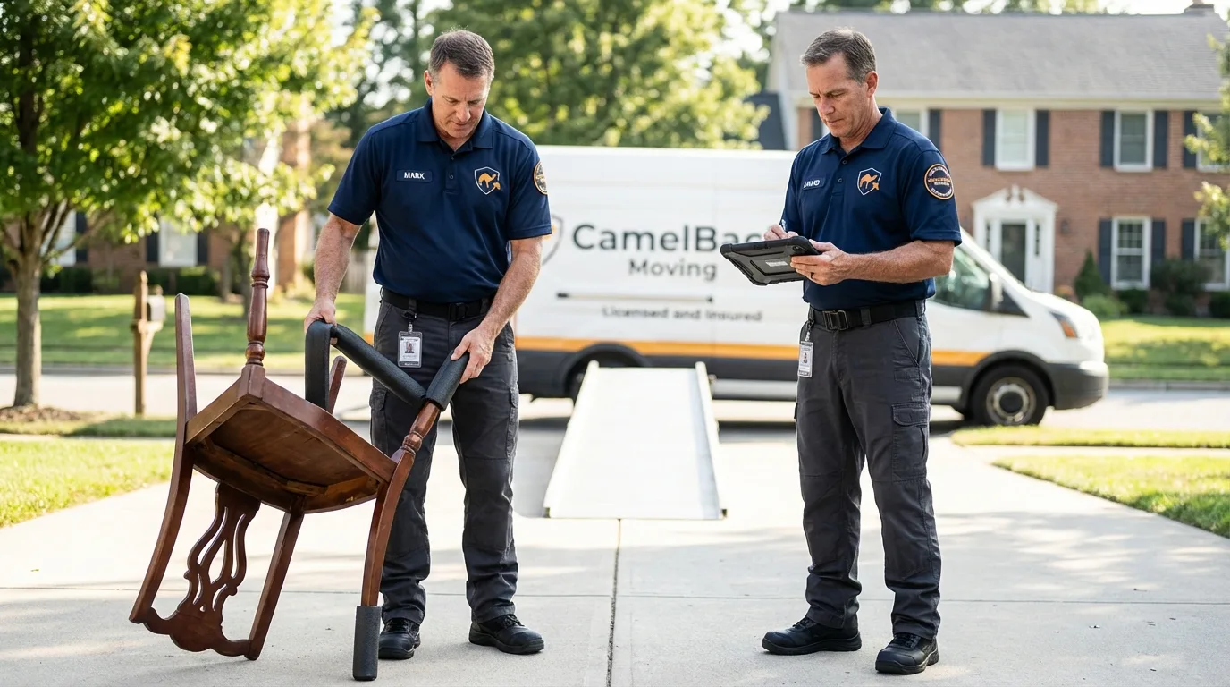 Movers inspecting furniture for damage prevention before loading in Boiling Springs, NC