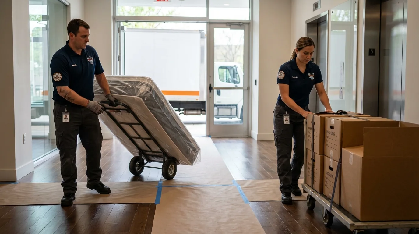 Professional apartment movers loading elevator in Boiling Springs, NC