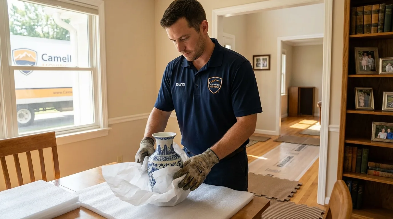 Professional crew carefully wrapping antique vase for senior downsizing move in Boiling Springs, NC